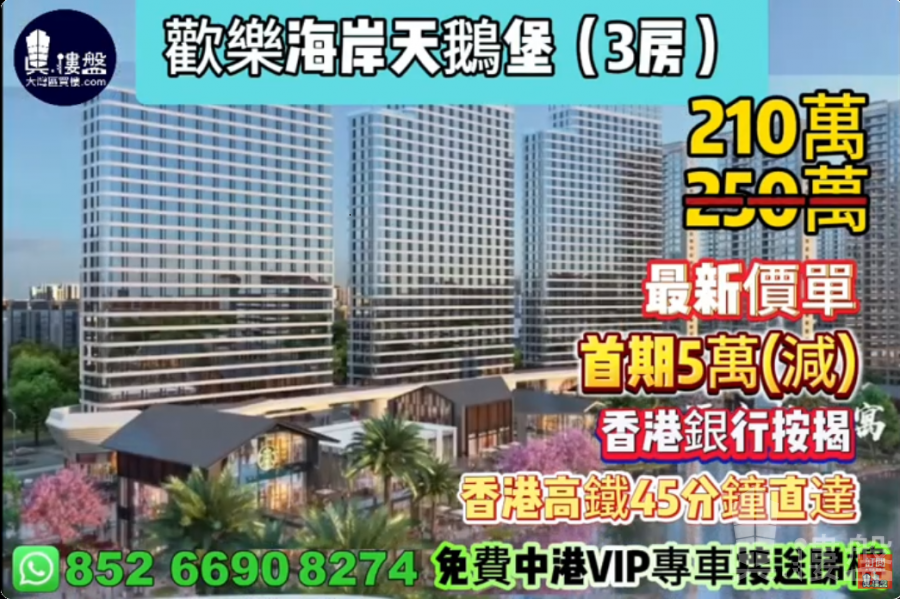 中山歡樂海岸天鵝堡,首期5萬(減),香港高鐵45分鐘直達,香港銀行按揭,最新價單